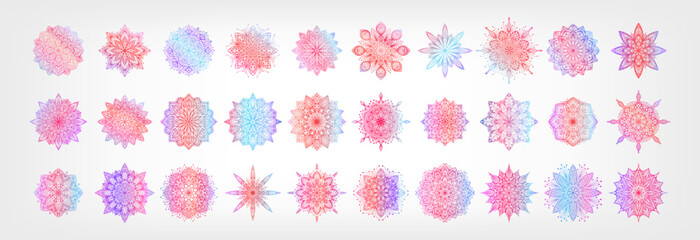 Colorful hand drawn silhouette of mandala with floral ornamental patterns, curls, flowers, leaves. Vector ornament, multi color gradient mosaic. Ethnic oriental mandala illustration