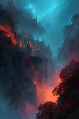 Ancient elven city perched on a cliff, glowing waterfalls, bioluminescent foliage, high fantasy illustration