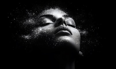 Woman Face With Glitter and Mystical Particles Against Black Background AI Generated