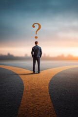 Businessman standing at a crossroads with a question mark overhead