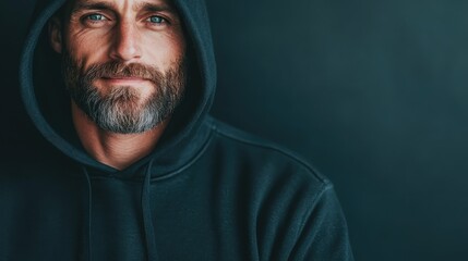 Fototapeta premium A striking portrait of a confident, bearded man in a black hoodie against a dark background, reflecting strength, resilience, and contemporary urban style.