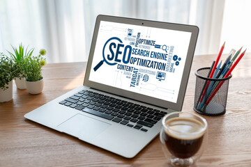 SEO search engine optimization for modish e-commerce and online retail business showing on computer...