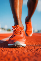 Close-up of a runner's shoes on a red track under a clear blue sky