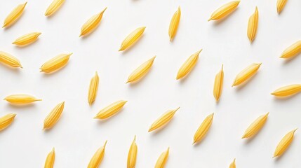 Golden yellow pods scattered on a light surface create a vibrant, textured display in a minimalistic arrangement
