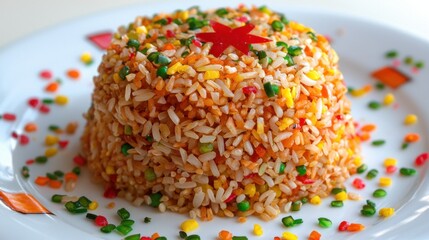 Colorful rice dish served on a decorated plate garnished with vegetables and a star-shaped topping