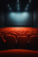 Large cinema auditorium presents blank screen. Empty theater features red seats for audience. Projection venue entertainment industry, film presentation, movie showtime, modern design. Public place