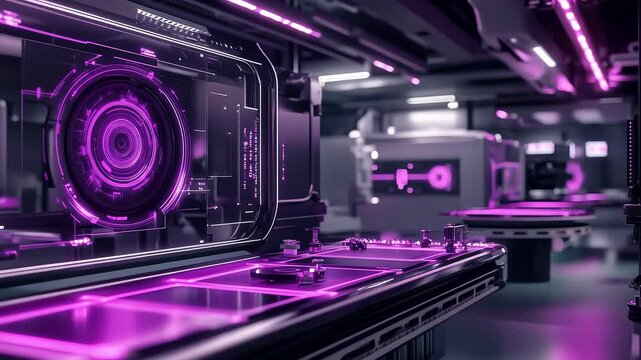 Futuristic Tech Lab Interior Scene with Purple Neon Light