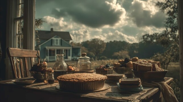 A comforting harvest spread of homemade pie and fruits set before a dreamy landscape evokes a feeling of rural autumn