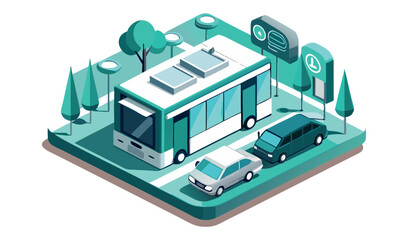 Isometric illustration of a bus stop with a bus and cars in a city environment