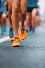 Marathon running race, people feet on city road