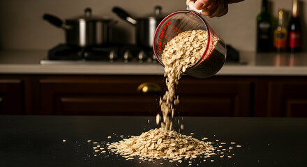 Rolled Oats Flowing From A Measuring Cup On Kitchen Counter