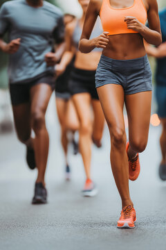 Running, motion and group of people on path together for marathon race, fitness and speed. Fast run team, urban runner club and racing in city street training workout with feet and legs on ground.
