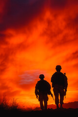 Obraz premium Silhouetted soldiers stand against vibrant sunset, symbolizing