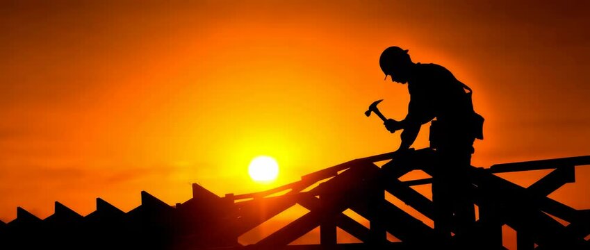 Silhouette of construction worker hammering on roof at sunset, representing hard work, dedication, and building progress