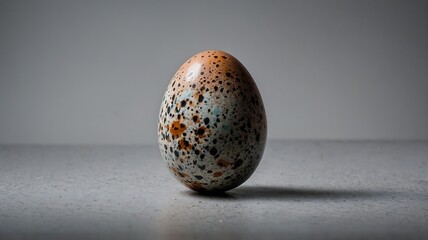 A single speckled quail egg with brown black and blue markings on a textured surface