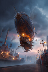 Obraz premium Steampunk airship docked at floating city port, brass machinery, Victorian aesthetic