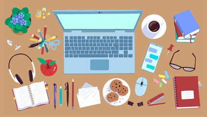 Vector illustration of creative workspace with laptop, coffee and stationery. Top view isolated object collection.