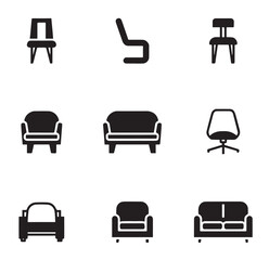 Versatile Chair & Sofa Silhouette Icon Set — Modern Black Vector Symbols of Armchairs, Office Chairs, and Sofas in Various Styles on Clean White Background.