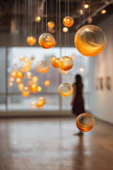 Suspended glass orbs catching soft light, floating gently