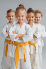 The studio shot of group of kids training karate martial arts
