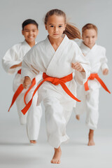 The studio shot of group of kids training karate martial arts