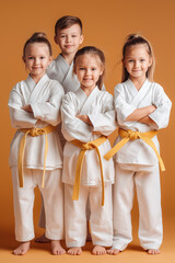 The studio shot of group of kids training karate martial arts