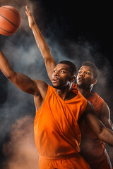 Two basketball players in action - dunk over each other