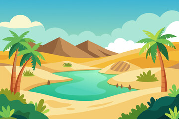 Obraz premium Peaceful Oasis Pond Surrounded by Desert Dunes