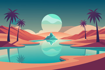 Ethereal Oasis in Vast Desert with Palm Reflections