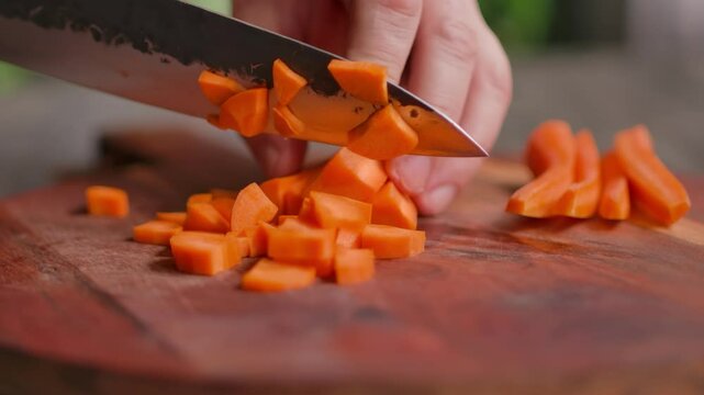 Close-up of a hand using a sharp knife to chop a bright orange carrot into small, neat dice on a wooden cutting board. Preparing ingredients for a healthy soup, stew, or salad