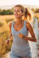Woman enjoys running outside with beautiful summer evening in the countryside.