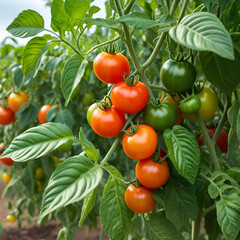 Ripe tomatoes on the branches of a tomato tree for publication, banner, cover, website.