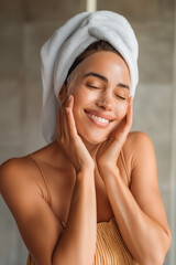Young woman applying a facial sheet mask in a bathroom, enjoying a spa-like experience while taking care of her skin. Relaxation and self-care concept.