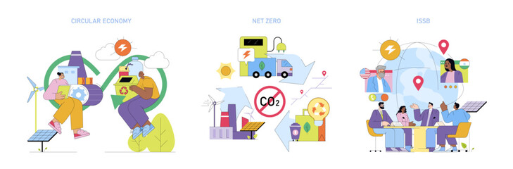 Fototapeta premium Circular Economy and Net Zero Concepts Vector Illustration