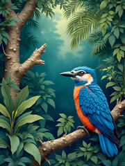 Blue and orange bird sitting on a branch in a green forest.