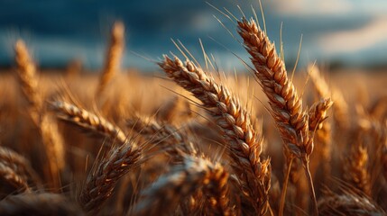 Golden wheat stalks sway gently in the evening breeze as the sun sets on the horizon, illuminating the field. The tranquil atmosphere captures the essence of rural life and farming.