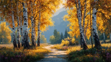 Fototapeta premium Golden leaves illuminate a tranquil pathway surrounded by birch trees. The warm sunlight enhances the colors of autumn, inviting peaceful exploration in nature.
