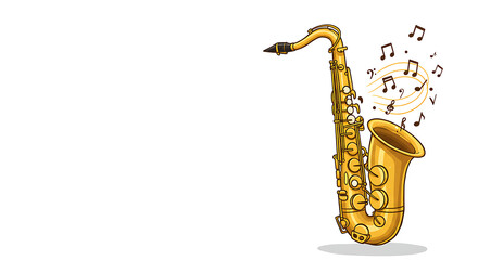 A smiling saxophone illustration with musical notes floating from the bell, on a clean white backdrop.