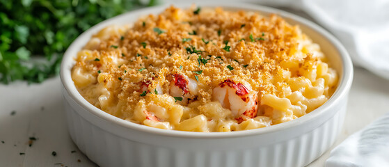 Lobster Mac and Cheese with Crispy Breadcrumbs in a White Bowl