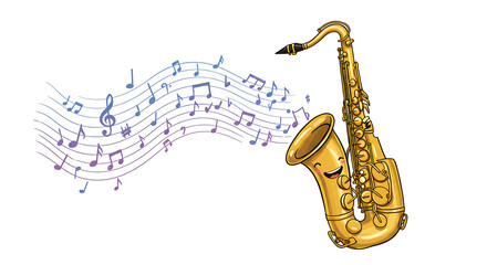 Naklejka premium A smiling saxophone illustration with musical notes floating from the bell, on a clean white backdrop.