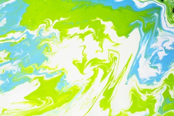 Abstract turquoise-white-green background. Acrylic paint flows freely and creates an arbitrary...
