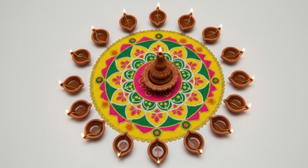 Traditional Clay Diyas Arranged in a Festive Rangoli Pattern for Diwali Celebrations, diwali, diya, clay lamp, oil lamp, traditional, festive