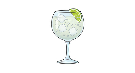 Gin and tonic in a balloon glass with lime, ice and bubbles illustrated in a minimalist emoji style, no background.