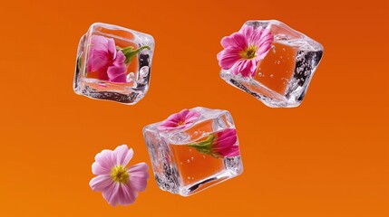 Floating ice cubes with pink flowers on vibrant orange background