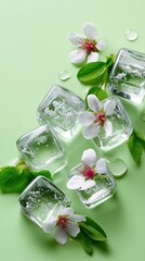 Ice cubes and white flowers with green leaves on light green background