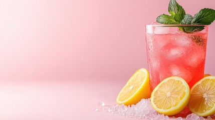Fototapeta premium An enticing drink of pink lemonade garnished with mint leaves and lemon slices, set against a pastel background, offering a refreshing and inviting vibe perfect for summer celebrations.