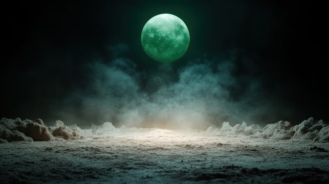 An ethereal image of a mystical green moon casting a soft glow over a surreal landscape, embodying themes of mystery, tranquility, and the ineffable beauty of the night.
