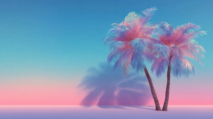 Obraz premium Two palm trees stand gracefully against a colorful sky during dusk. The vibrant pastel hues blend beautifully, casting soft shadows on the ground.
