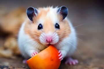 Hamster is eating an orange