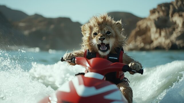 A playful lion rides a jet ski, showcasing a thrilling adventure on water, combining the beauty of nature with an imaginative twist of animal escapades.